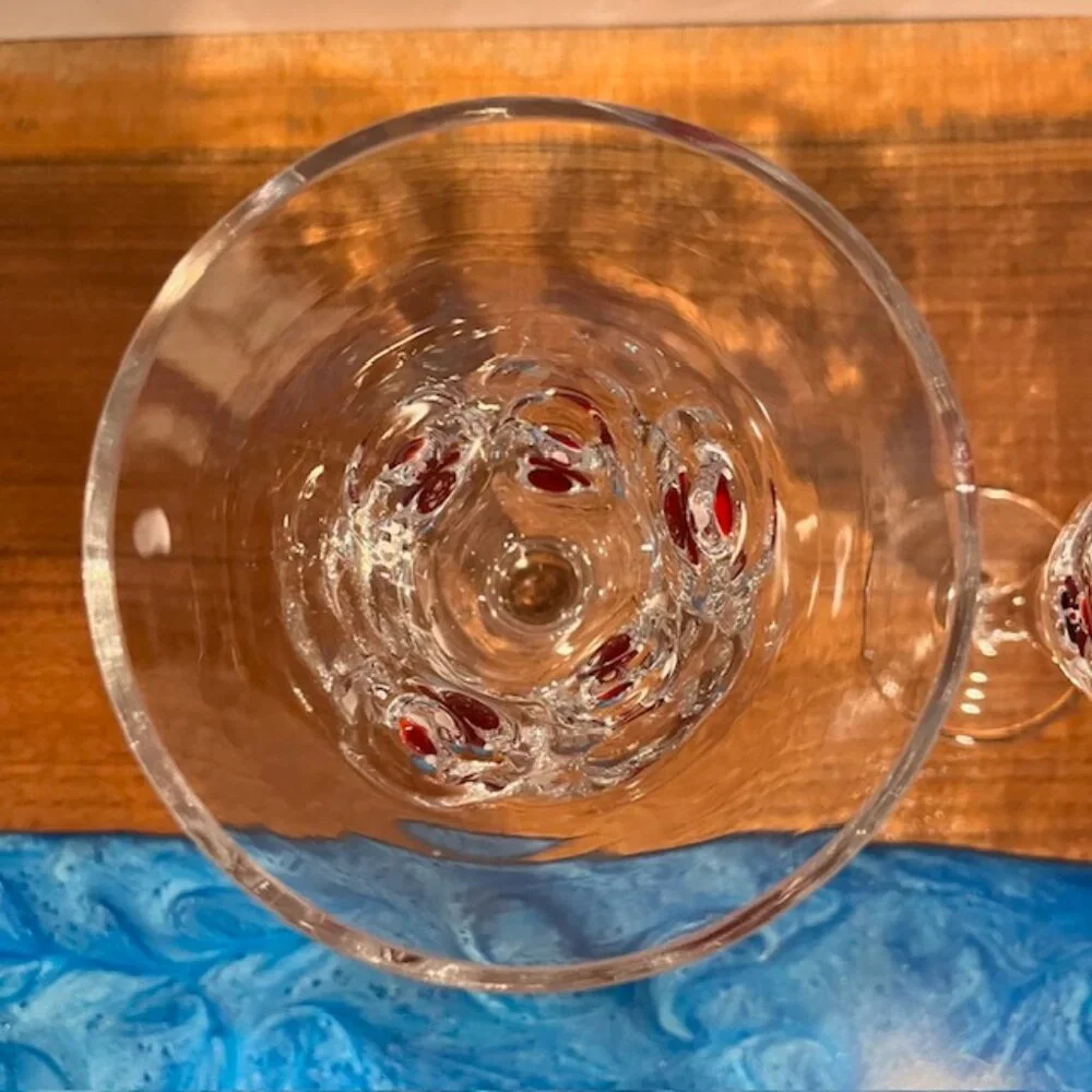 Set of (2) Crate & Barrel 8oz Blown Glass Fused Santa Wine Goblets Glasses